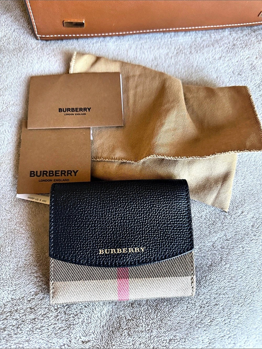 Burberry Small Check and Grainy Leather Folding Wallet Black & Beige